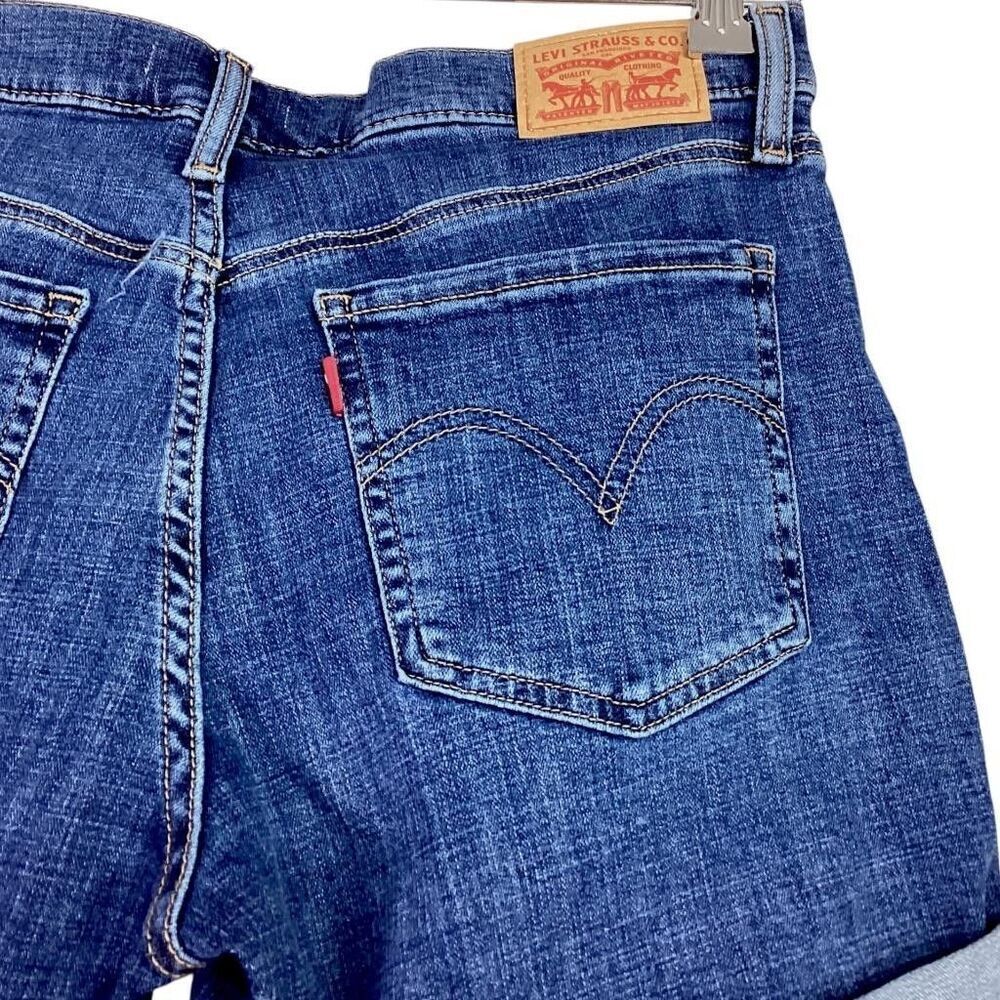 Levis Denim Shorts Womens 29 Blue Mid Length Rolled Cuff Stretch Distressed - Picture 5 of 9